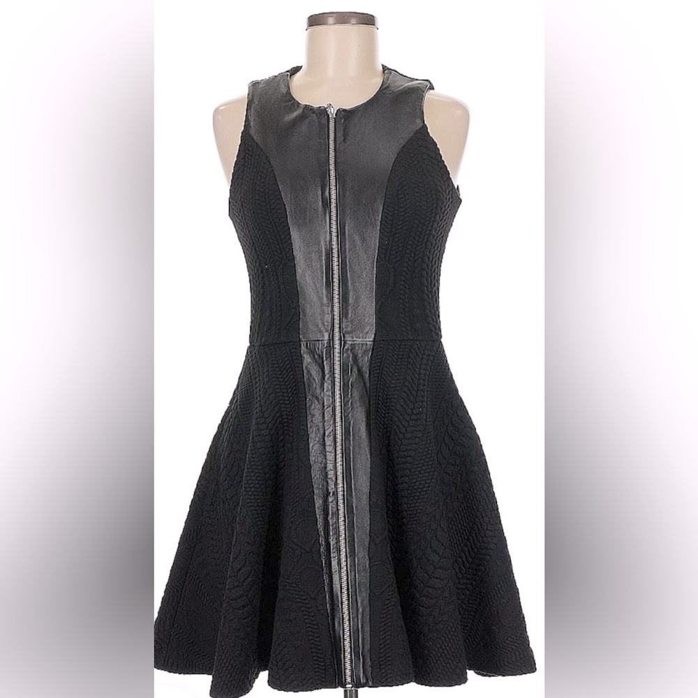 NICHOLAS Textured Full Zip Leather Panel Fit & Flare Mini Dress👗
